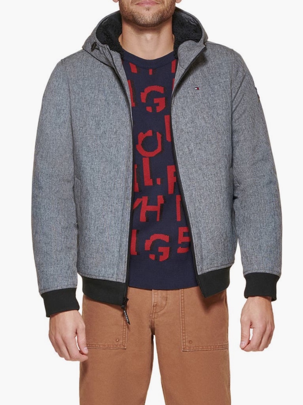 Tommy Hilfiger Men's Heather Gray Faux Shearling Hooded Zip-Up Bomber Jacket